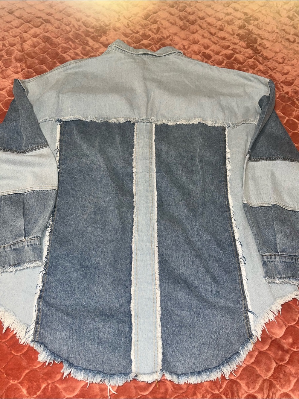 POL oversized Light Blue Patchwork Denim Jacket with Dark Blue Pockets - Picture 5 of 5